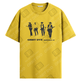 Mustard yellow cotton-blend t-shirt featuring a black graphic of four cowboys and Orbit DVD Asheville, NC branding.