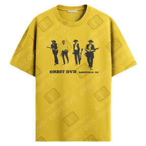 Mustard yellow cotton-blend t-shirt featuring a black graphic of four cowboys and Orbit DVD Asheville, NC branding.