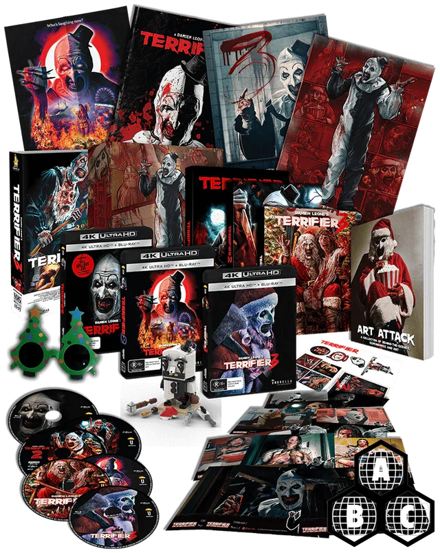 Art Attack: Terrifier Collector's Edition Box Set (4K UHD, 4 Movies + Slipcases + Book + Brick Set + VHS + Sunglasses, Region Free) *see note - New 4K UHD