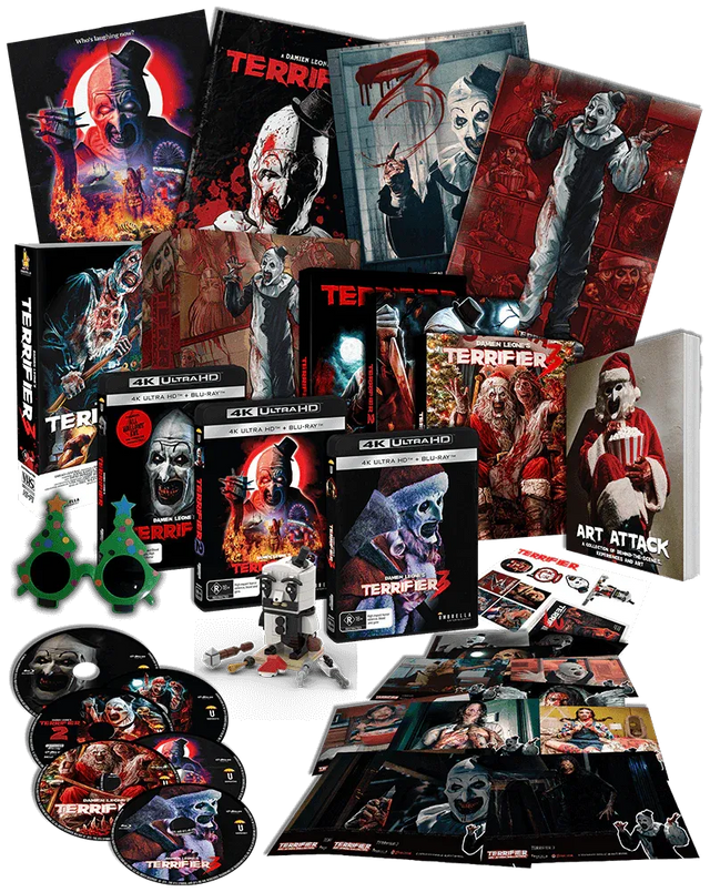 Art Attack: Terrifier Collector's Edition Box Set (4K UHD, 4 Movies + Slipcases + Book + Brick Set + VHS + Sunglasses, Region Free) *see note