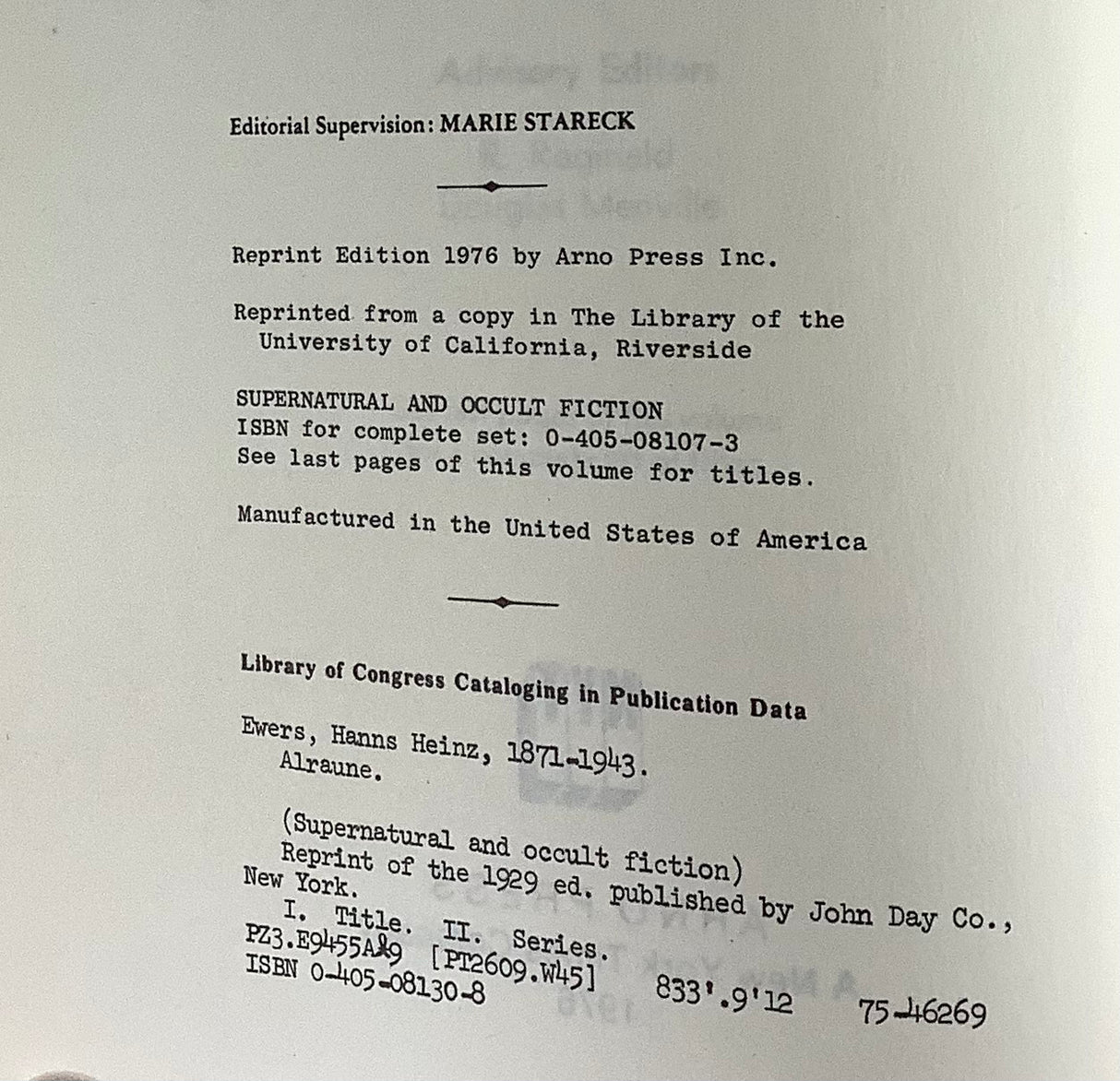 Alraune, by Hanns Heinz Ewers (1976 Arno reprint HC) USED