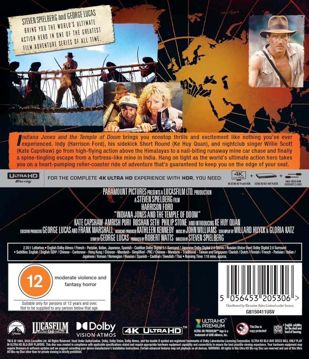 Indiana Jones and the Temple of Doom (4K UHD, Region Free) w/SLIP - New 4K UHD