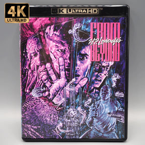 4K Ultra HD Blu-ray cover for the horror film 'From Beyond', featuring artwork with pink and black tones, character Portraits, and the title in bold letters.